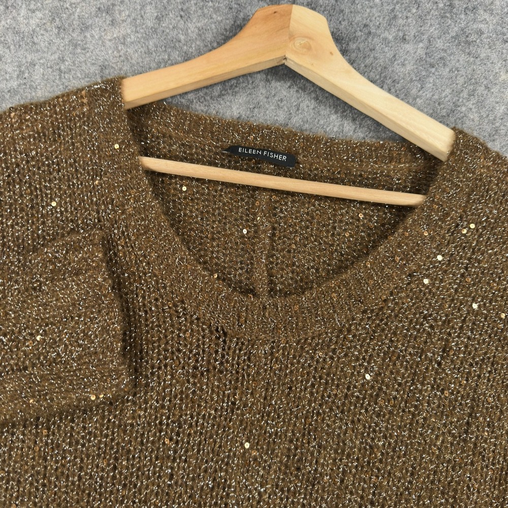 Eileen Fisher Sweater Womens Medium Brown Mohair Wool Sequin Scoop Neck Knit